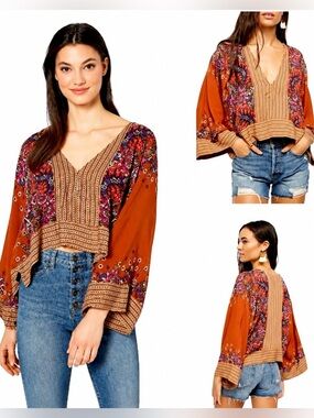 Free People Mix N Match Floral Bell Sleeve Boho Crop Top XS 100% Cotton Hi-Low V